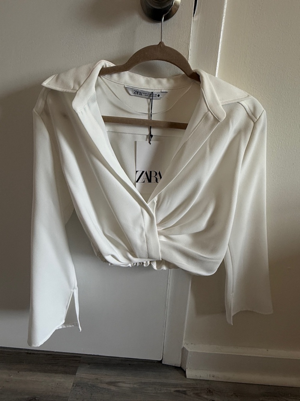 Zara Cream Twist-Front Collared Crop Top